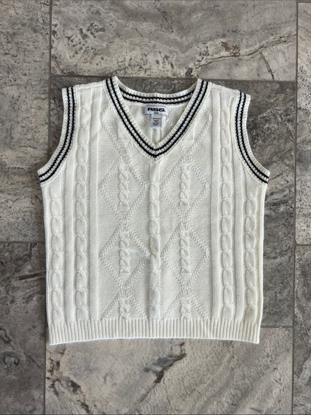 RSQ Cream Cable Knit V-Neck Sweater Vest with Black Trim